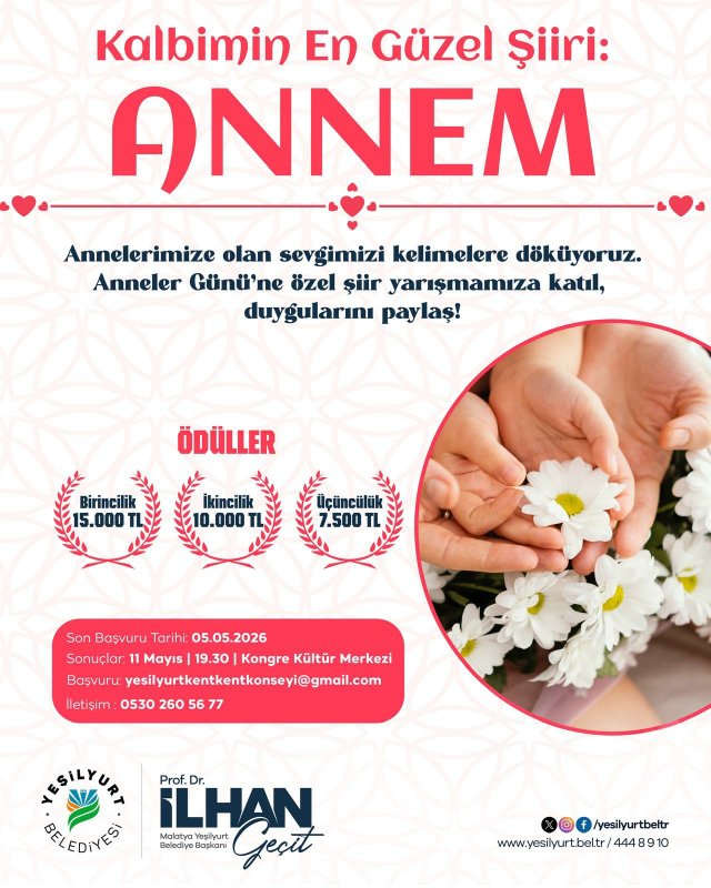 Yeşilyurt Belediyesi’nden “Kalbimin En Güzel Şiiri: Annem” Şiir Yarışması