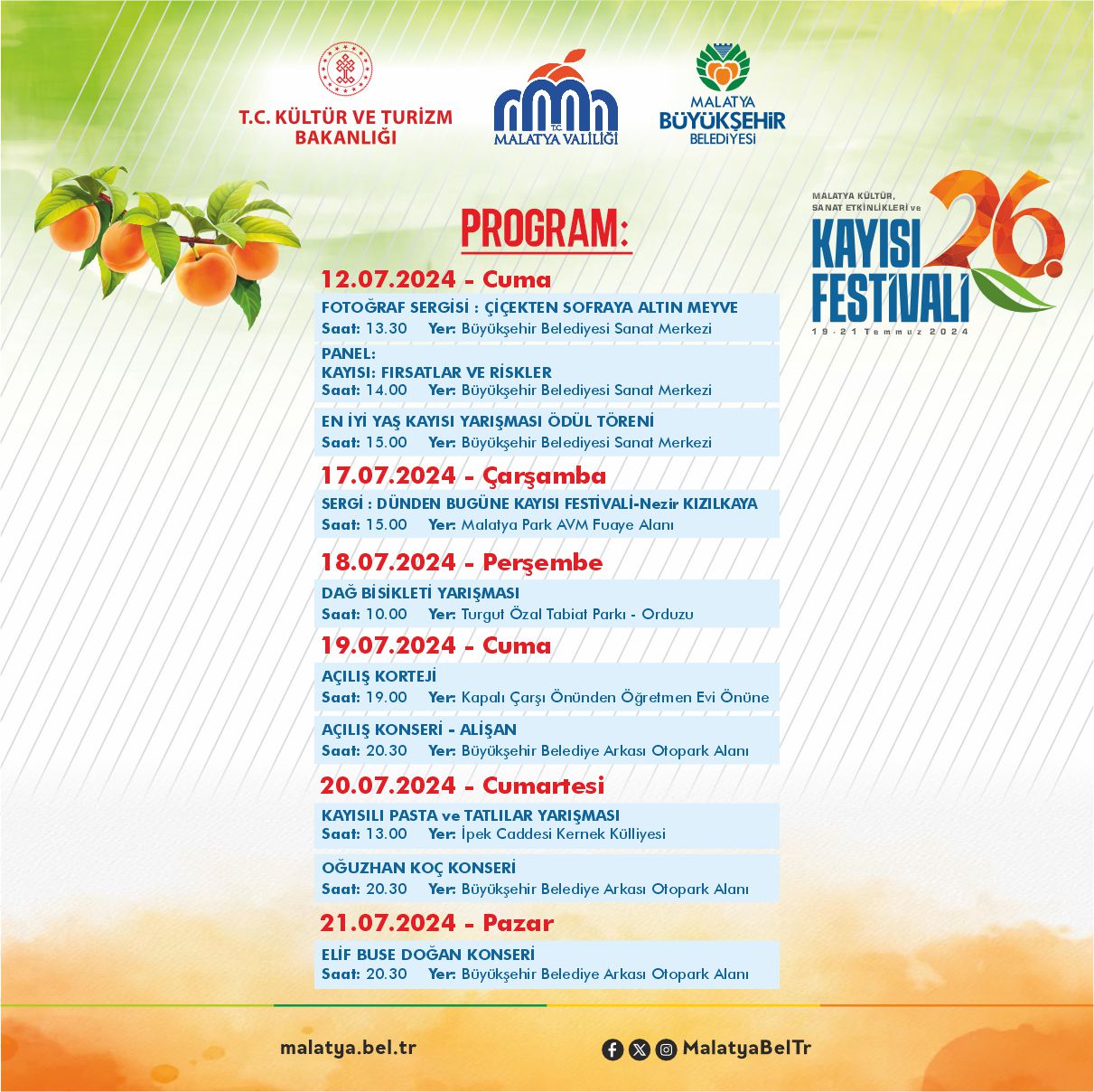 26. Malatya Kültür Sanat ve Kayısı Festivali Başlıyor