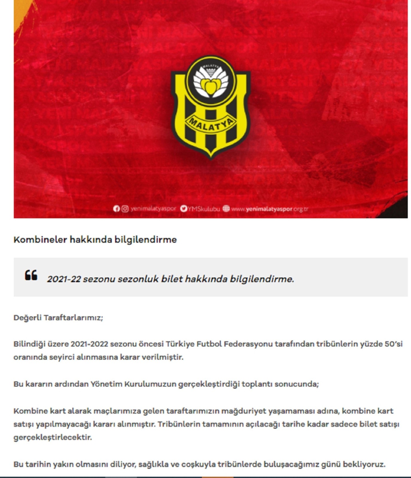 Yeni Malatyaspor’dan kombine açıklaması