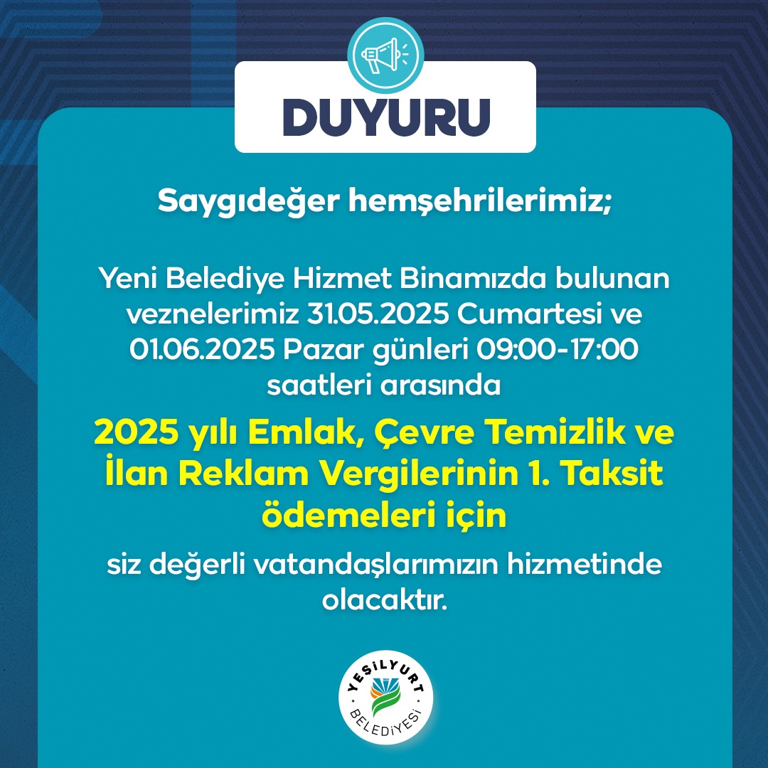 Yeşilyurt Belediye Vezneleri Hafta Sonu Açık!